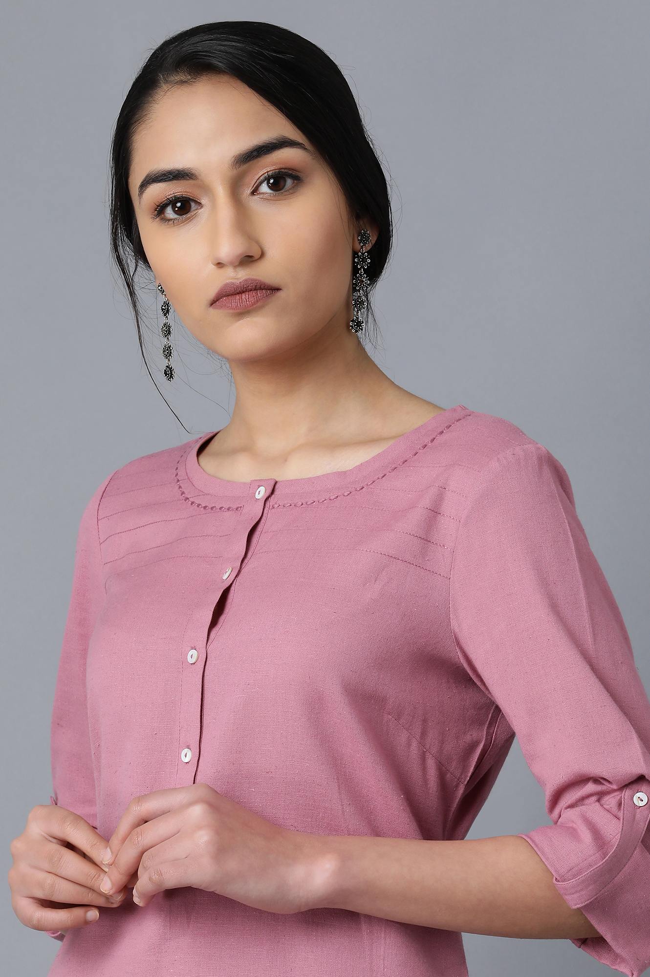 Mauve Round Neck Solid kurta