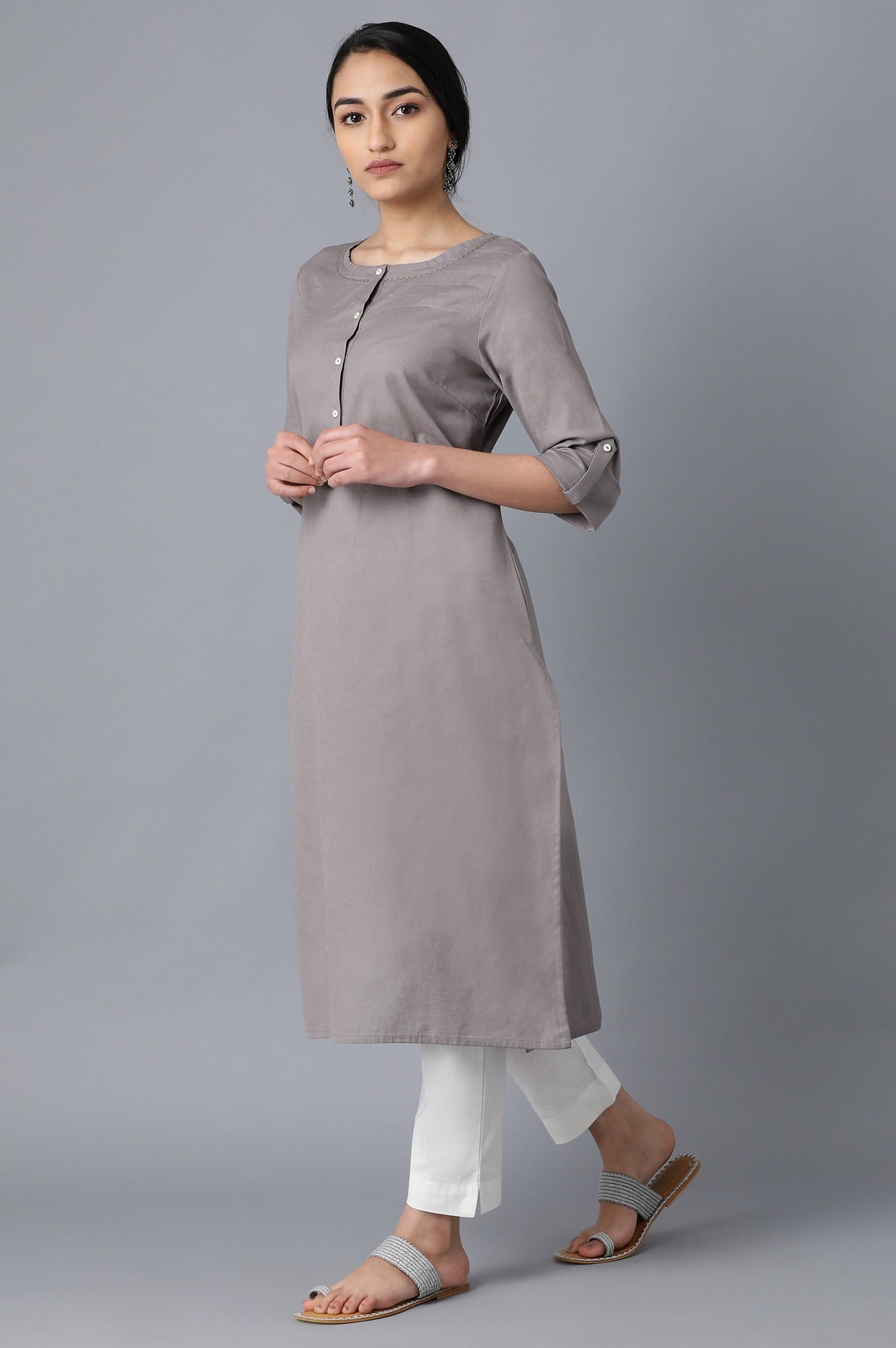 Grey Round Neck Solid kurta