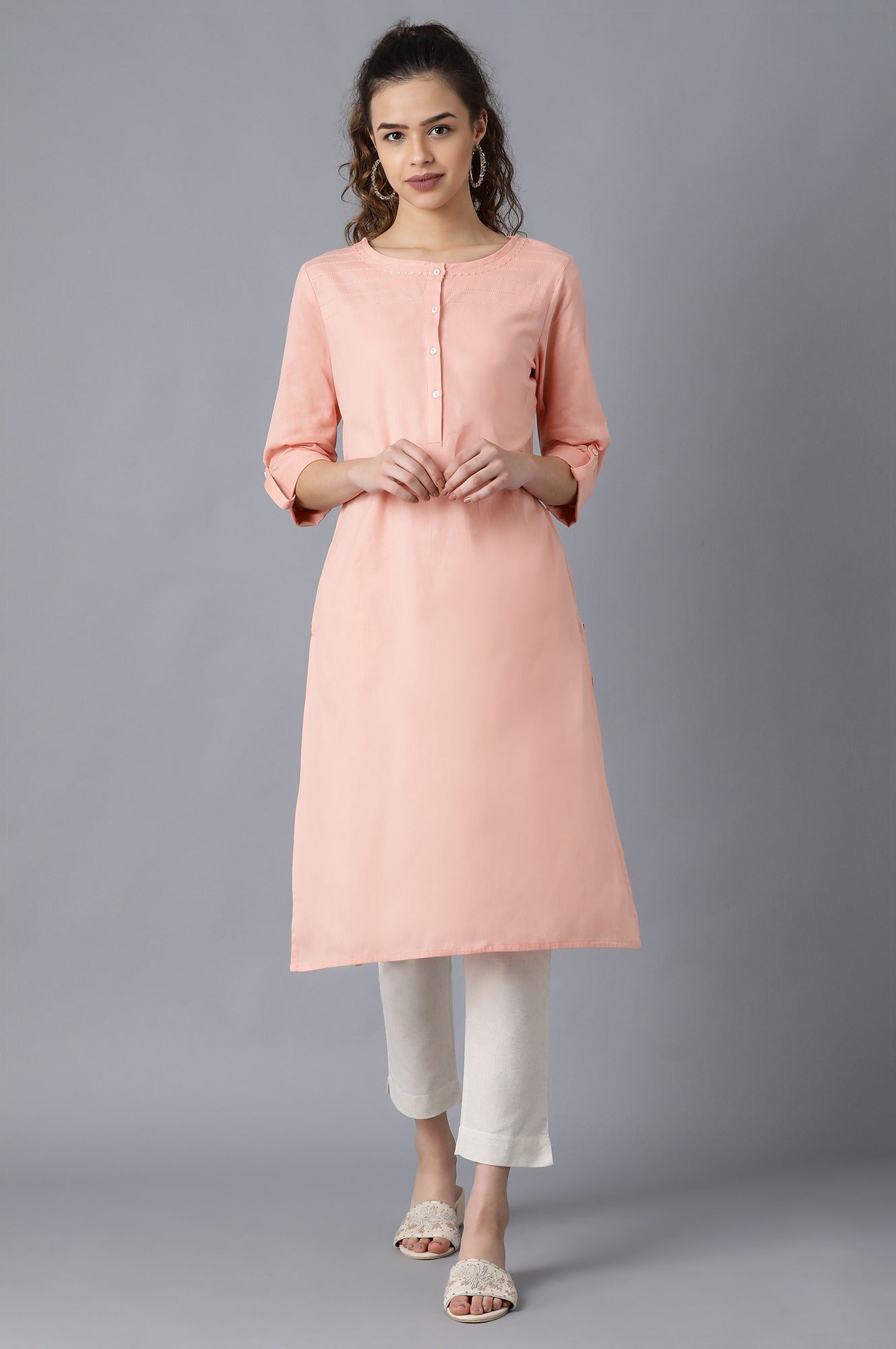 Peach Round Neck Solid kurta