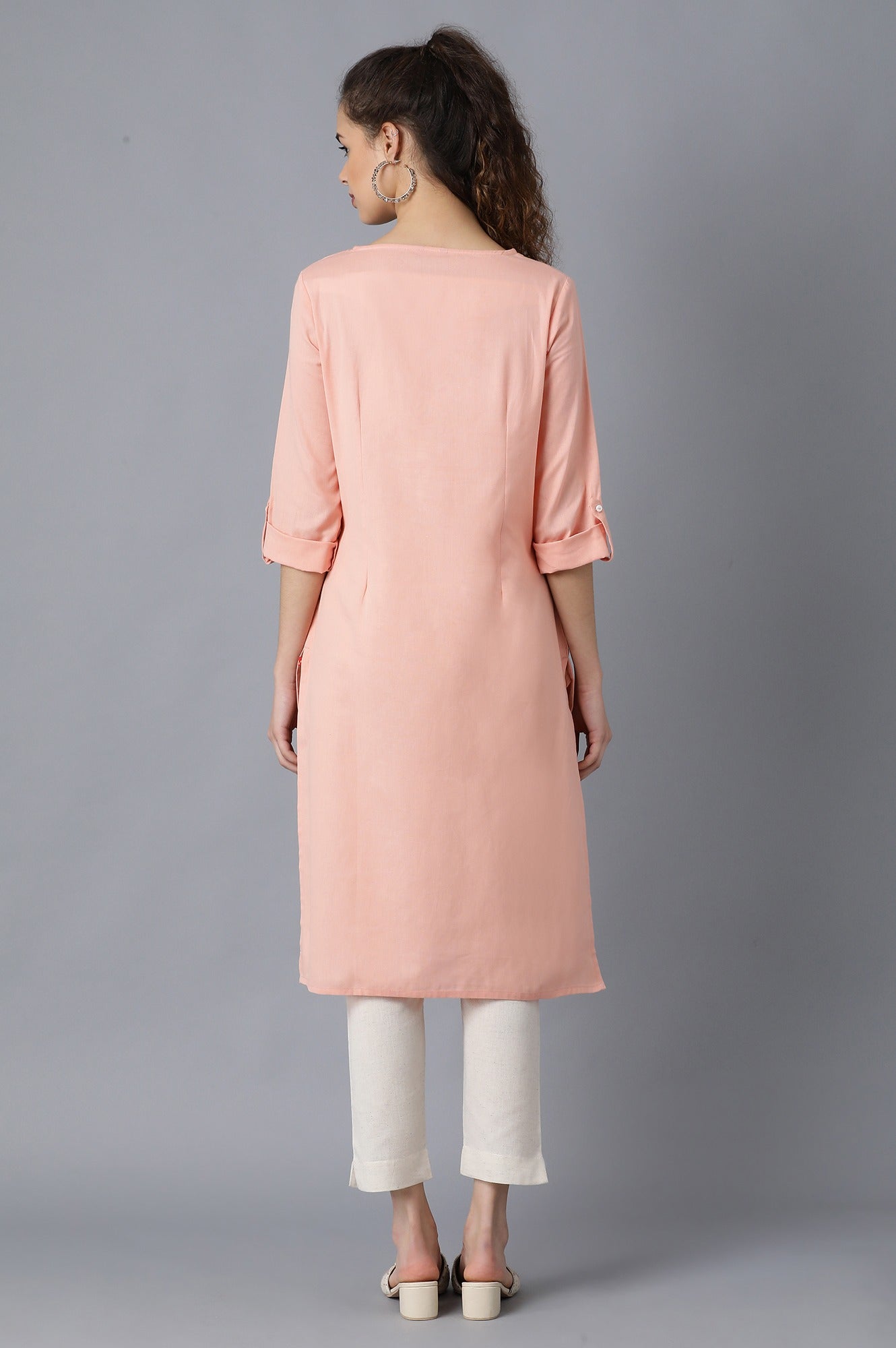 Peach Round Neck Solid kurta