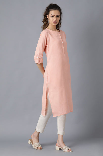 Peach Round Neck Solid kurta