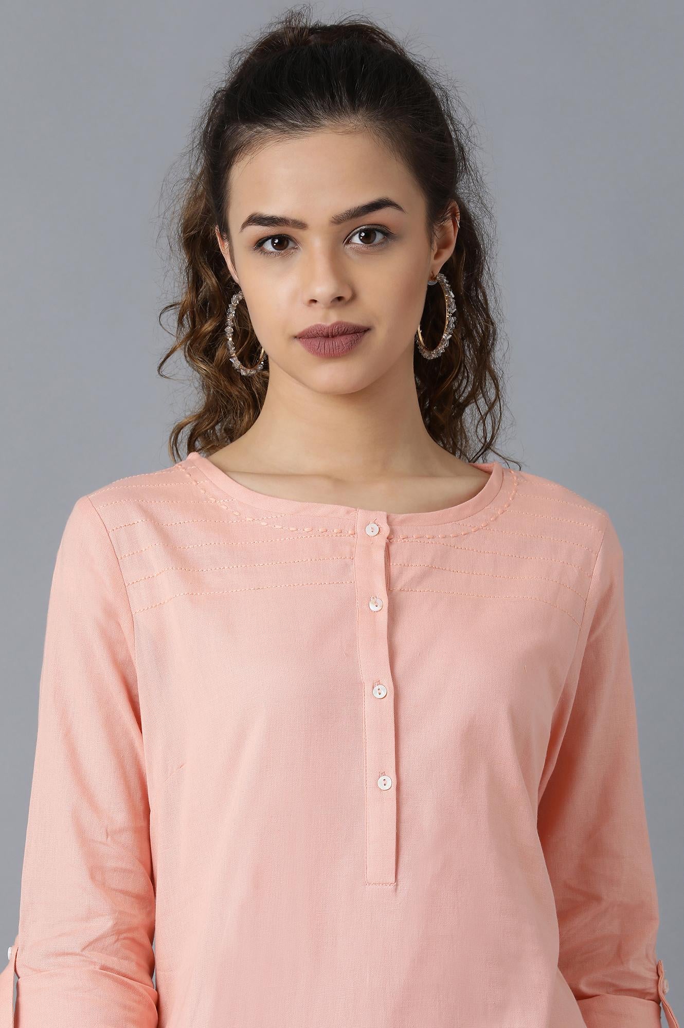 Peach Round Neck Solid kurta