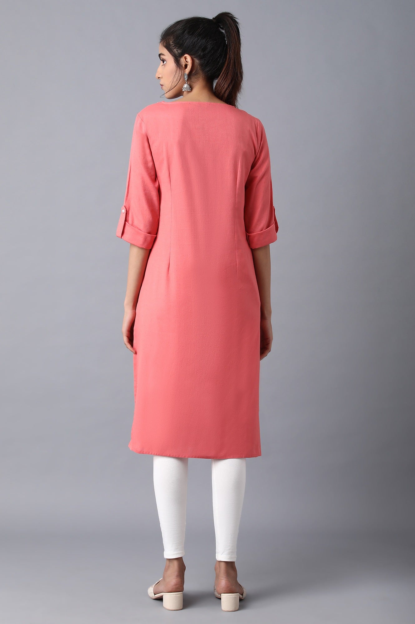 Peach Round Neck Solid kurta