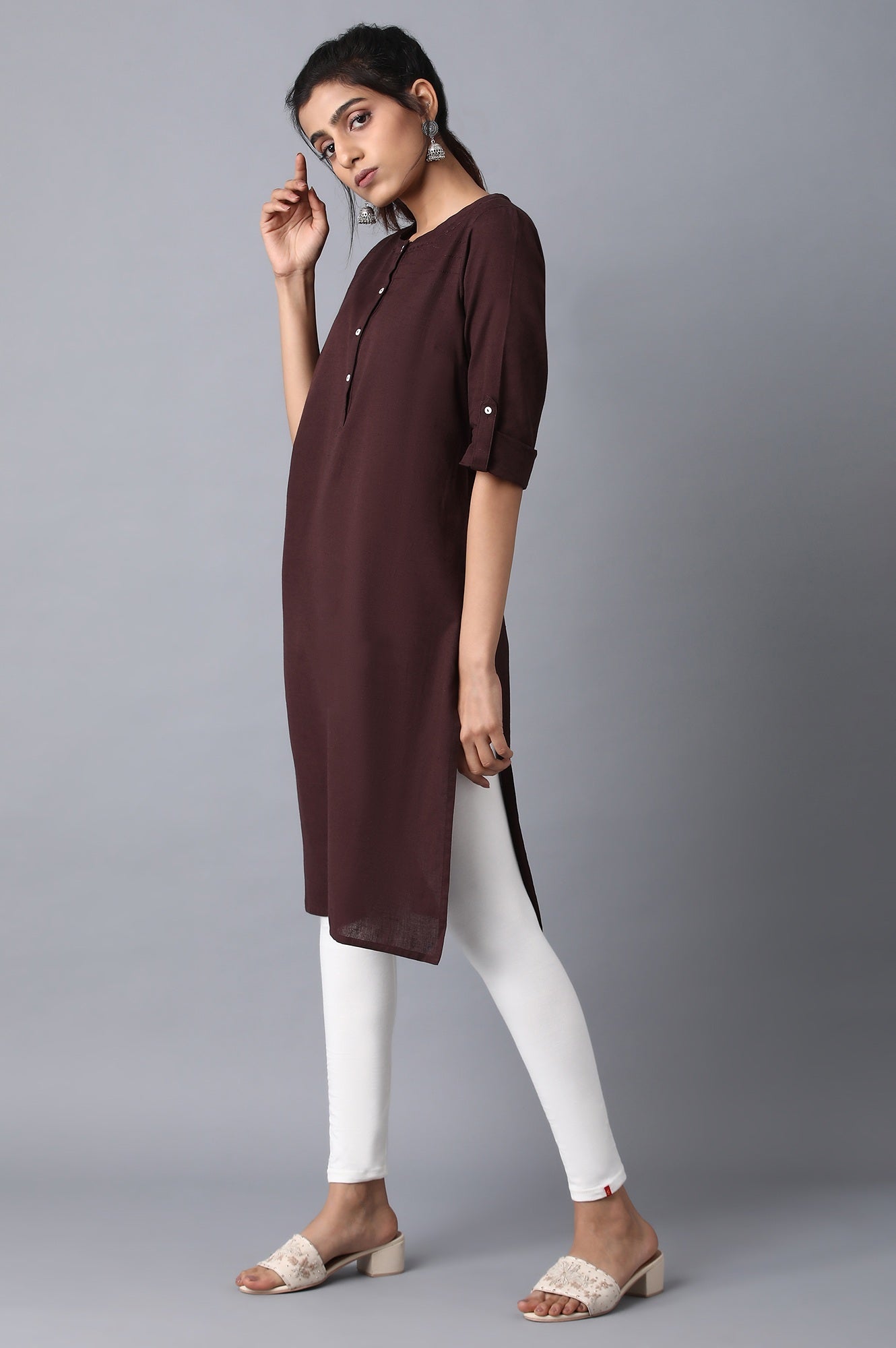 Brown Round Neck Solid kurta