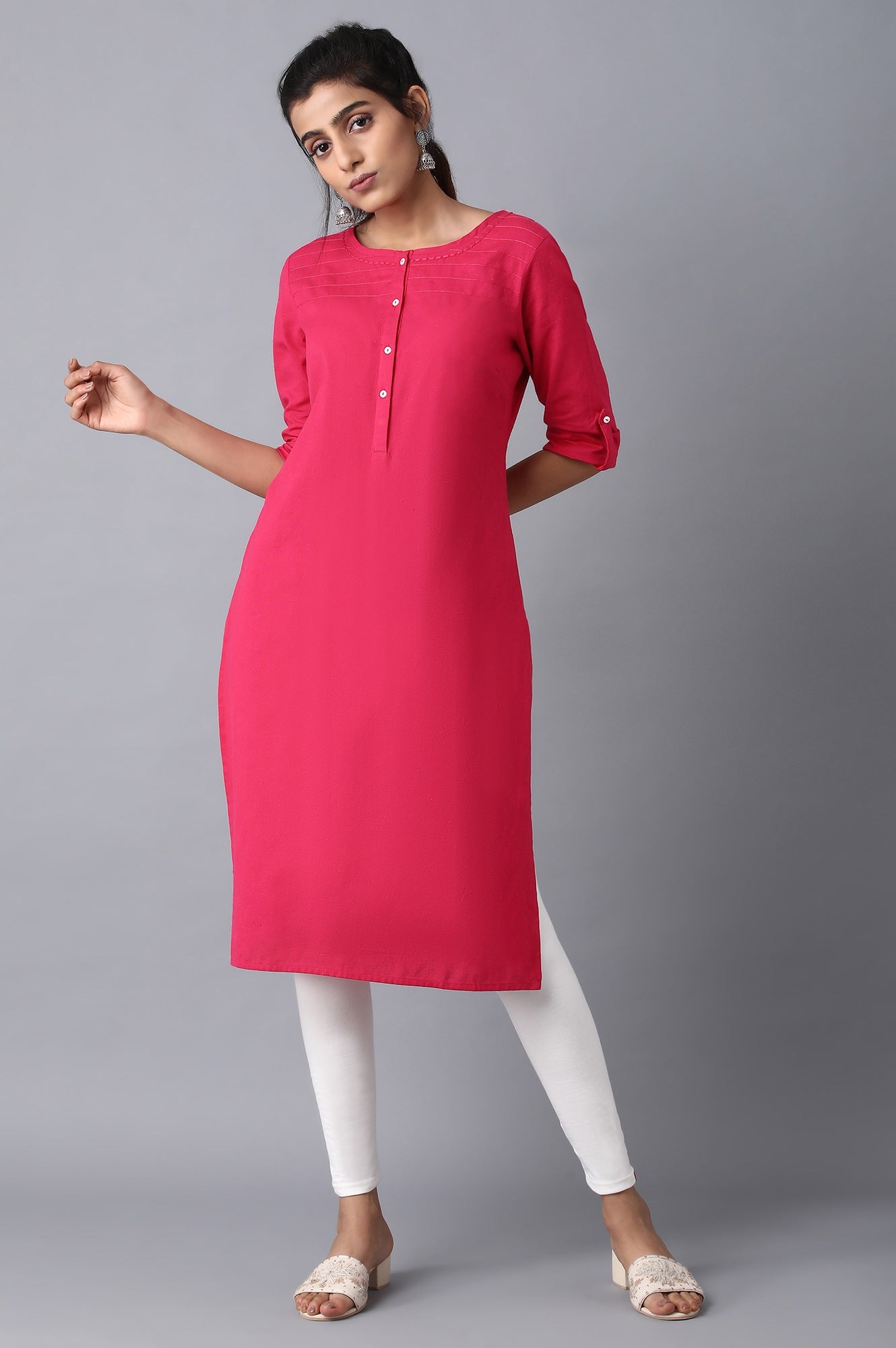 Pink Round Neck Solid kurta