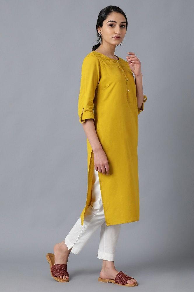 Yellow Round Neck Solid kurta - wforwoman