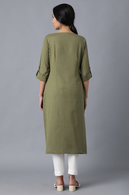 Green Round Neck Solid kurta