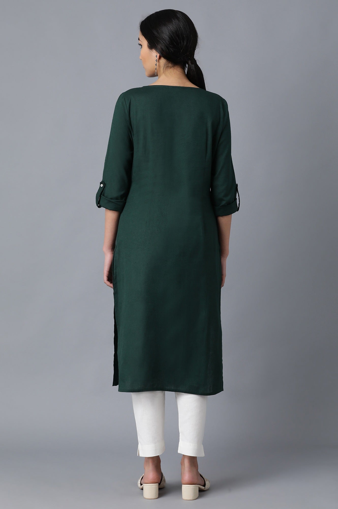 Green Round Neck Solid kurta