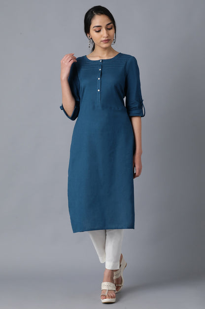 Blue Round Neck Solid kurta