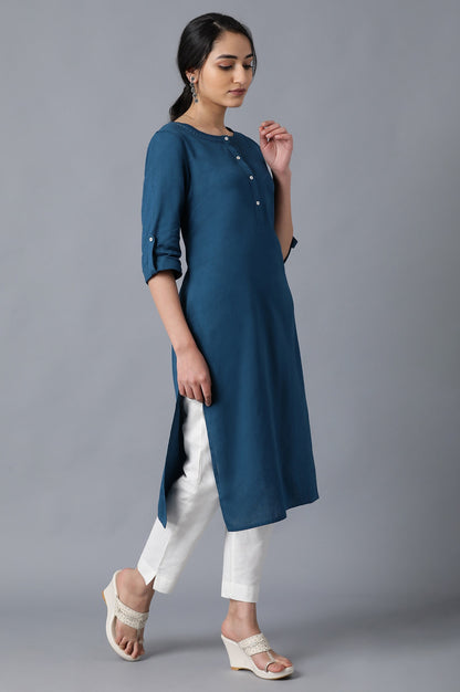 Blue Round Neck Solid kurta