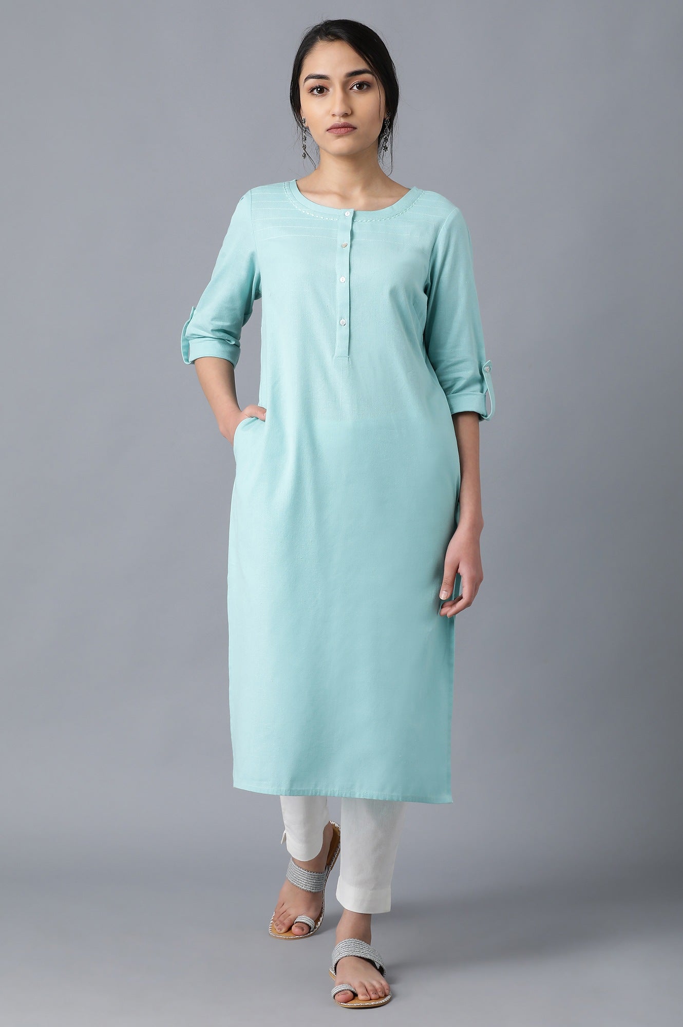 Blue Round Neck Solid kurta