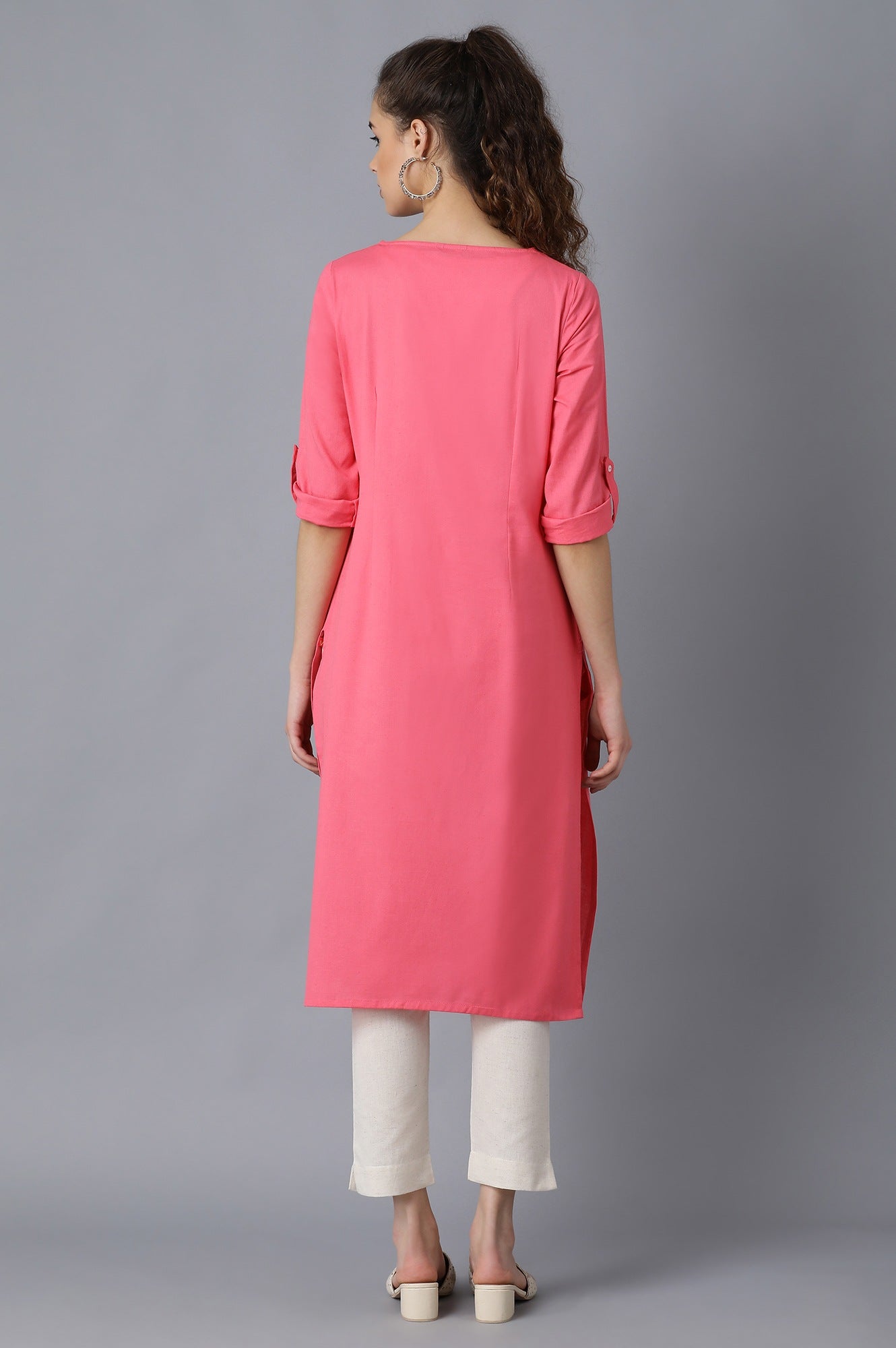 Pink Round Neck Solid kurta