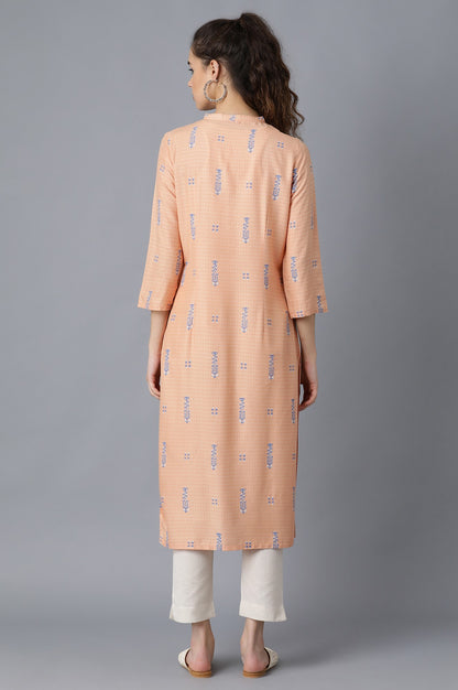 Peach Mandarin Neck Printed kurta