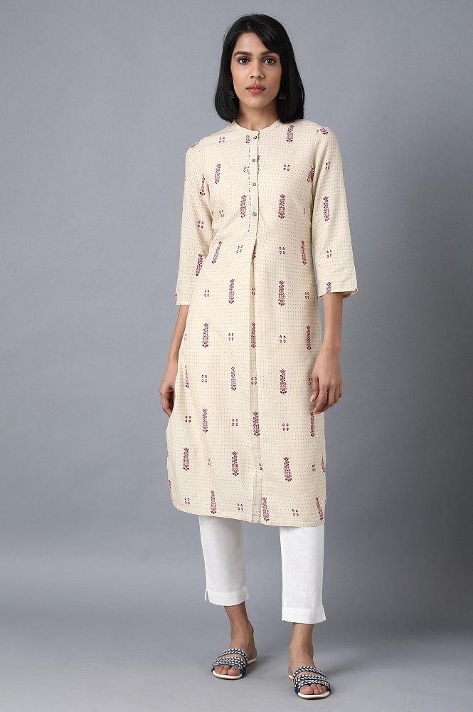 Beige Mandarin Neck Printed Shirt kurta - wforwoman