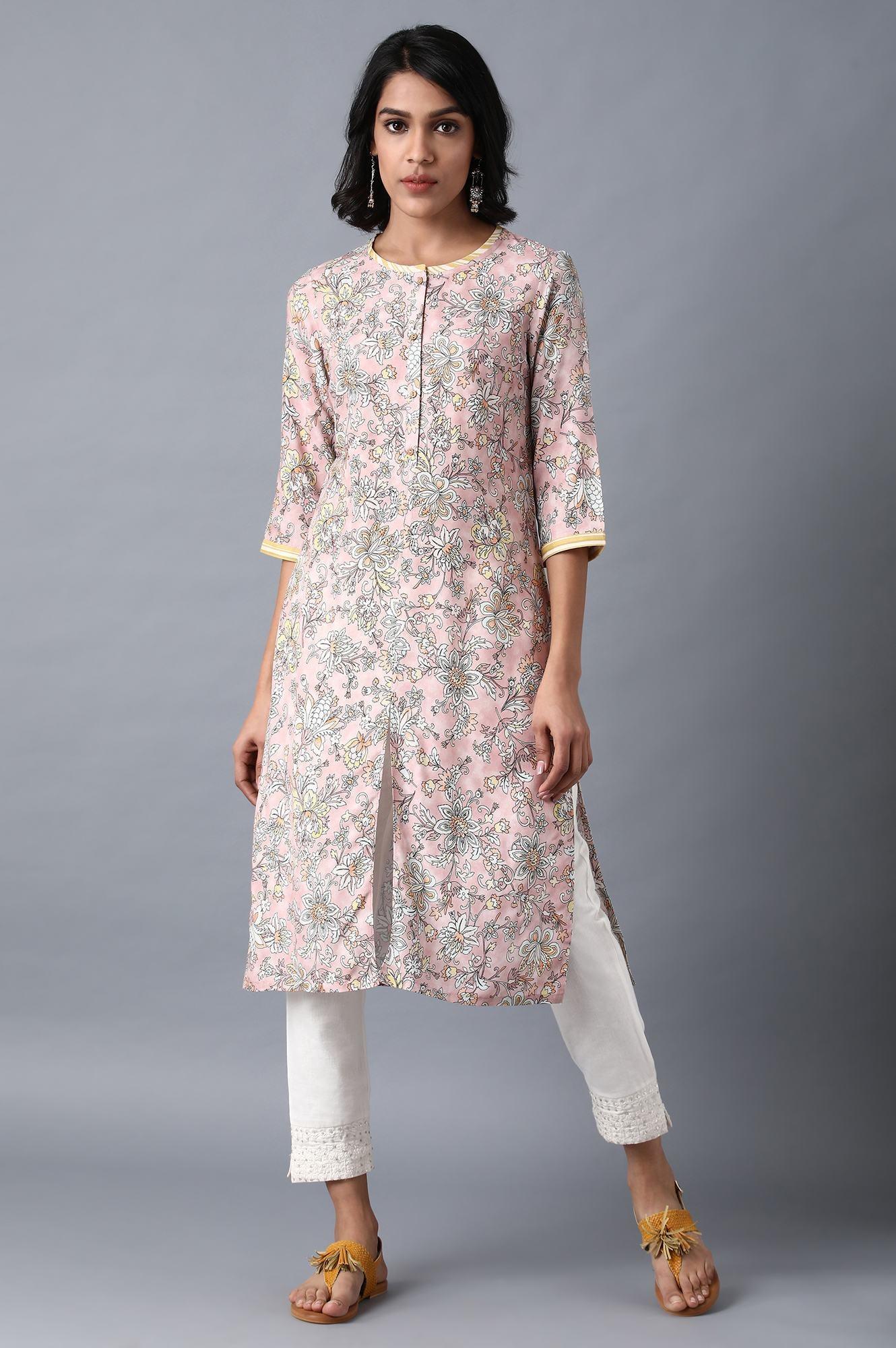 Blush Pink Round Neck Floral kurta - wforwoman