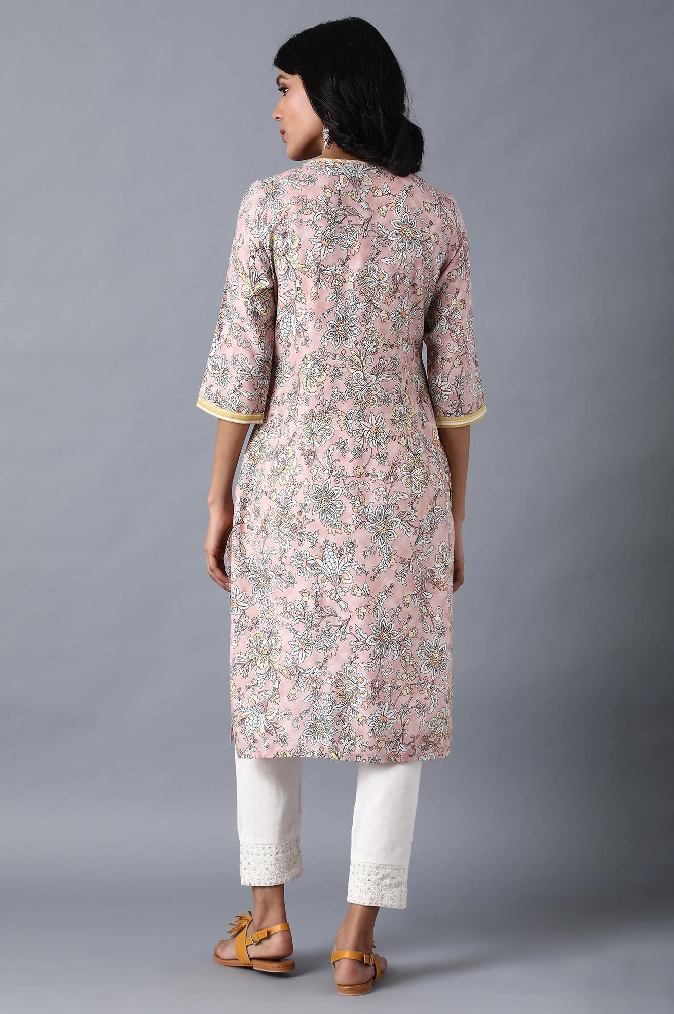 Blush Pink Round Neck Floral kurta - wforwoman