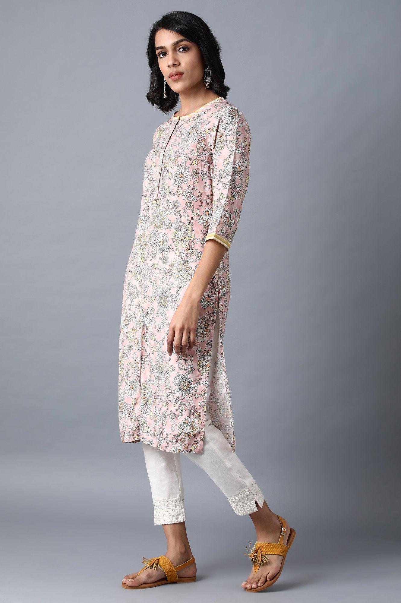 Blush Pink Round Neck Floral kurta - wforwoman