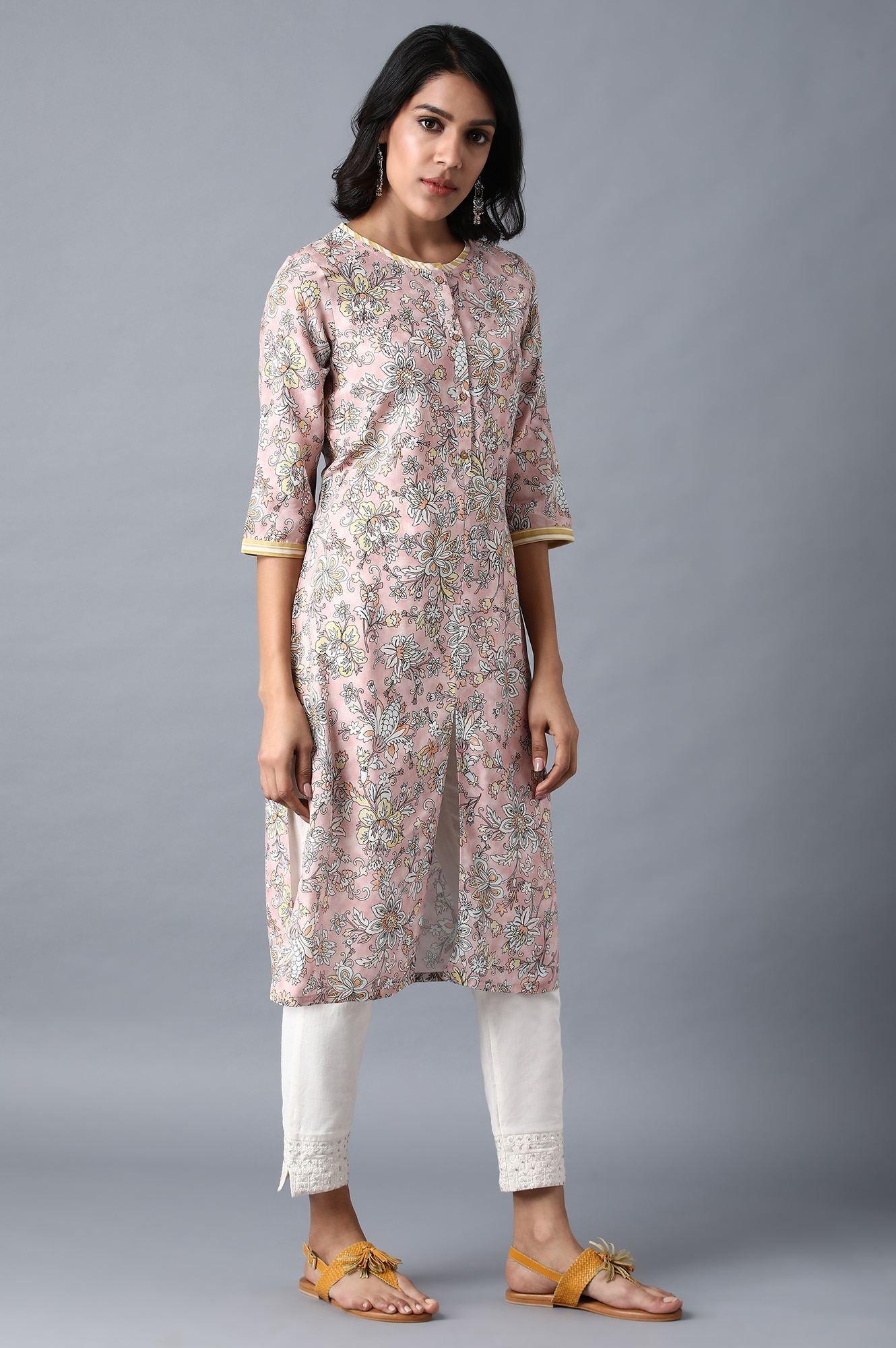 Blush Pink Round Neck Floral kurta - wforwoman