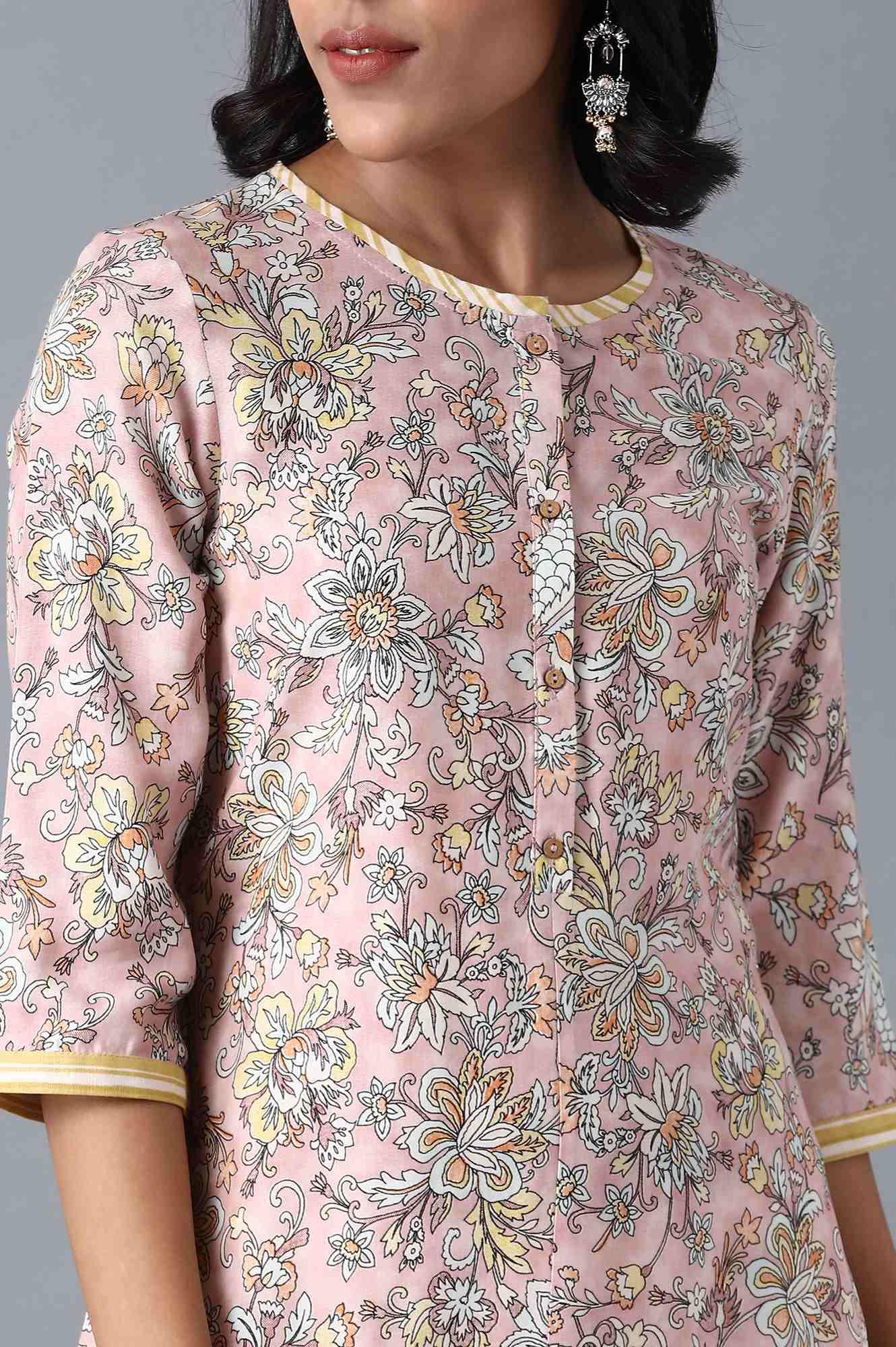 Blush Pink Round Neck Floral kurta - wforwoman