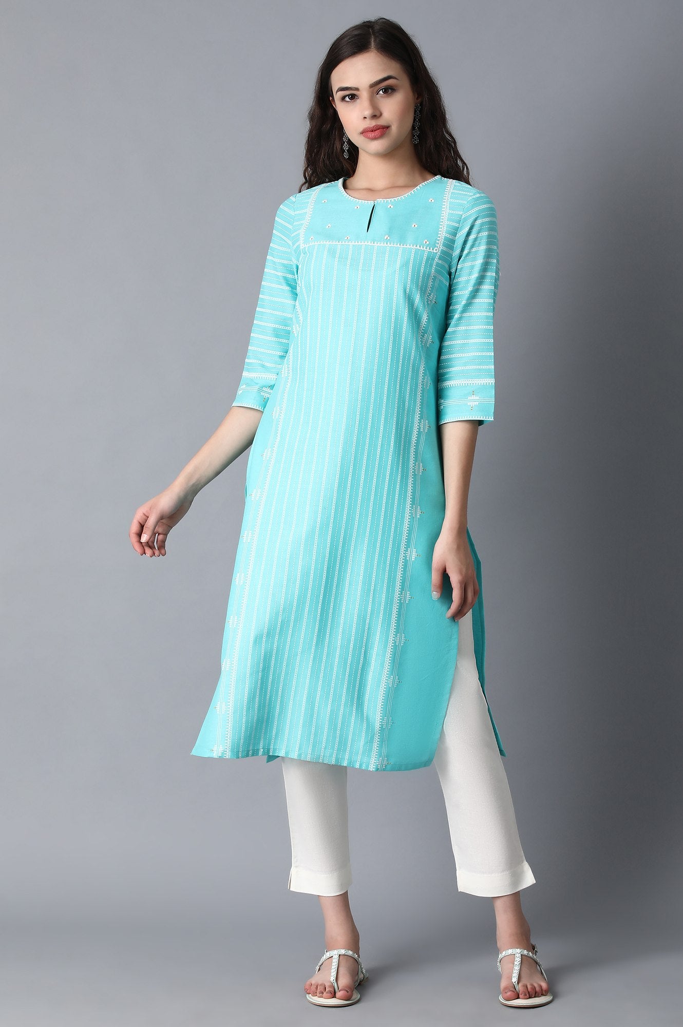 Turquoise Round Neck Printed kurta