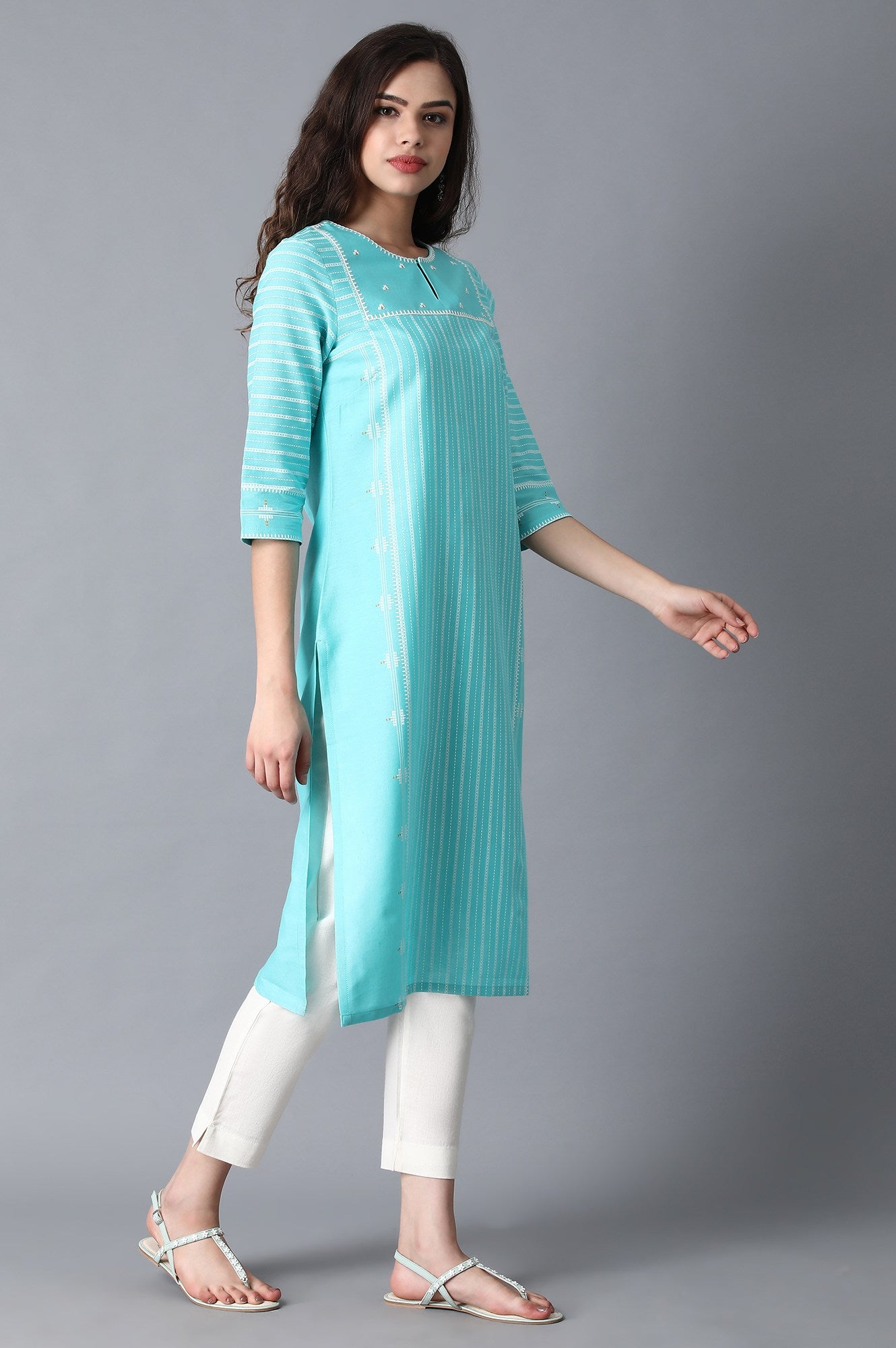 Turquoise Round Neck Printed kurta