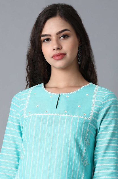 Turquoise Round Neck Printed kurta