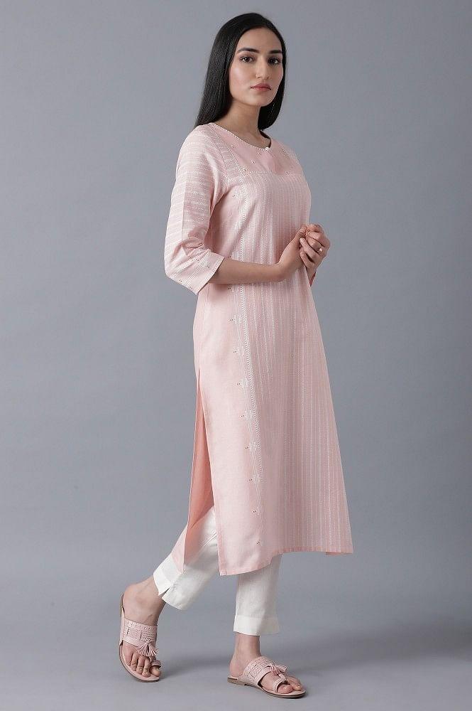 Light Pink Placement Print kurta - wforwoman