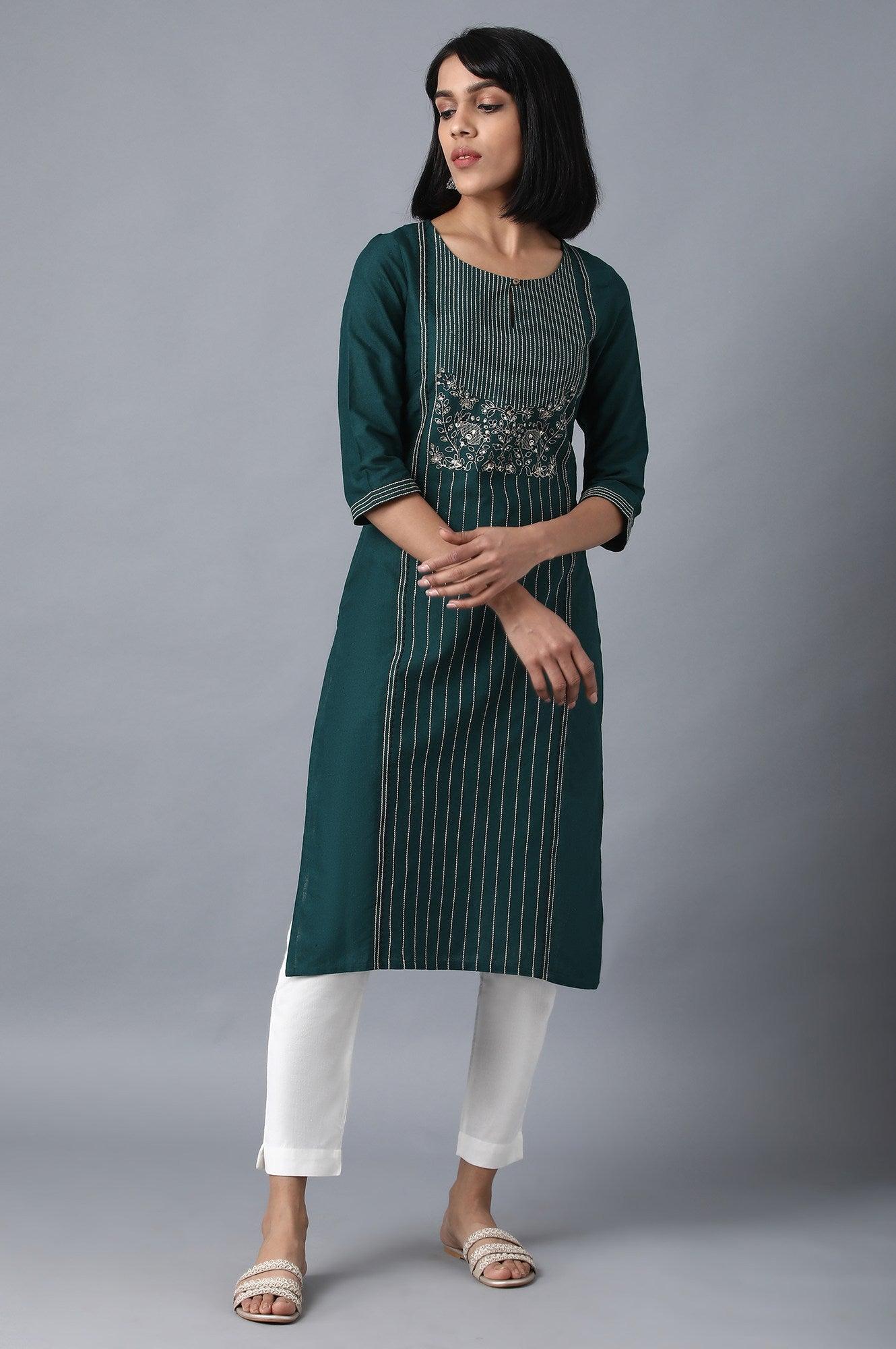 Dark Green Round Neck Embroidered kurta - wforwoman