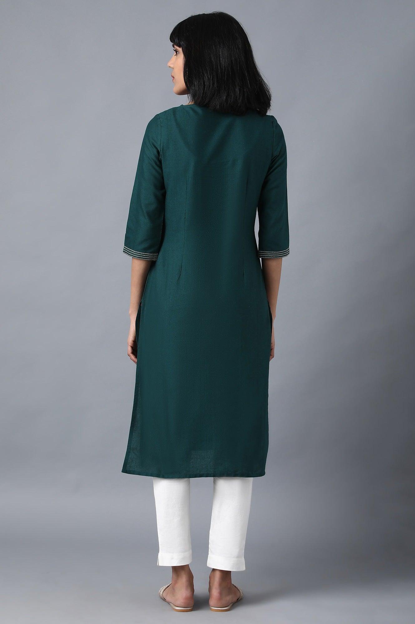 Dark Green Round Neck Embroidered kurta - wforwoman