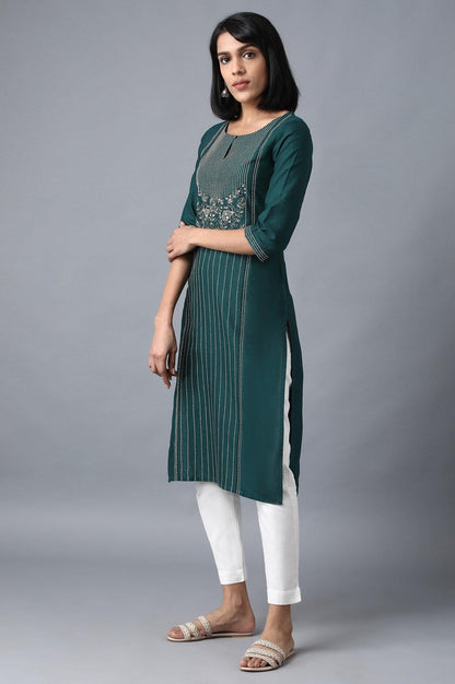 Dark Green Round Neck Embroidered kurta - wforwoman