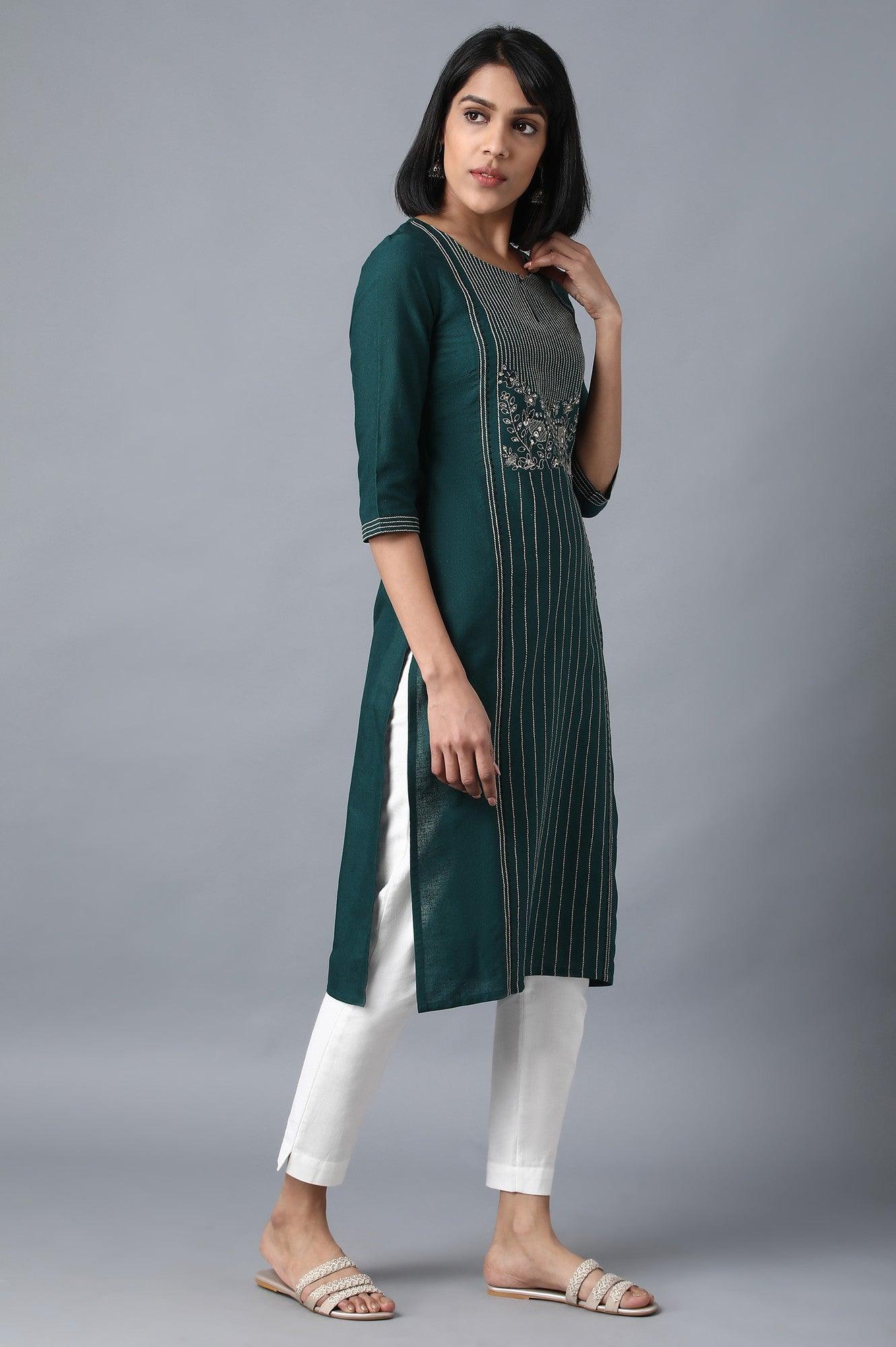 Dark Green Round Neck Embroidered kurta - wforwoman