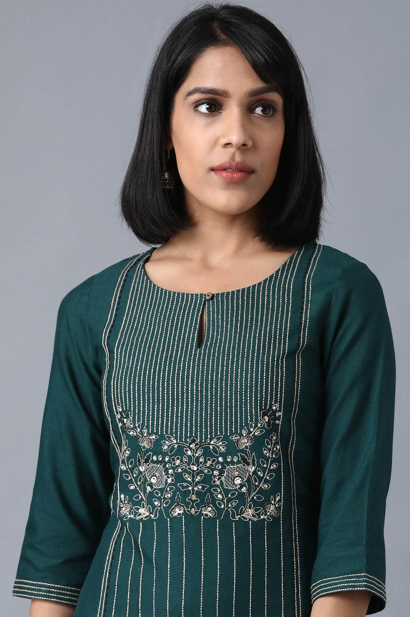 Dark Green Round Neck Embroidered kurta - wforwoman