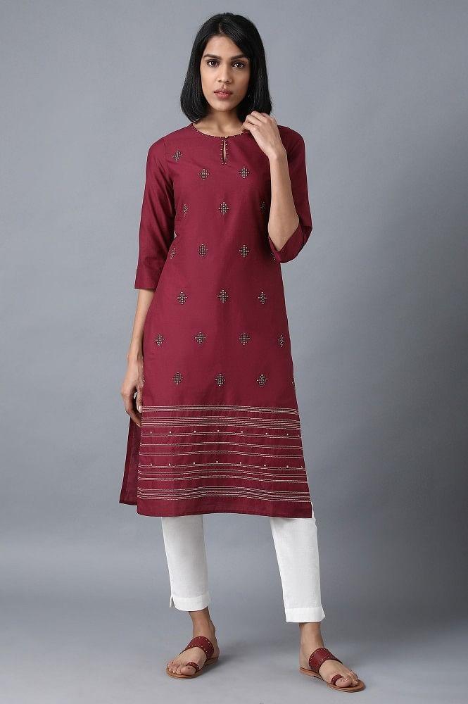 Maroon Round Neck Embroidered kurta - wforwoman