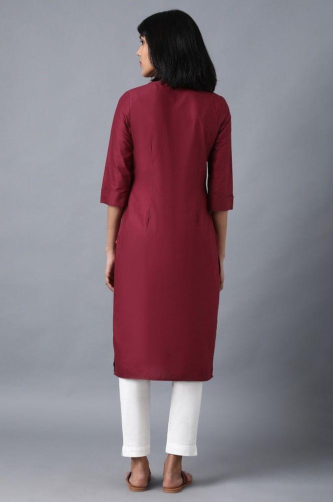 Maroon Round Neck Embroidered kurta - wforwoman