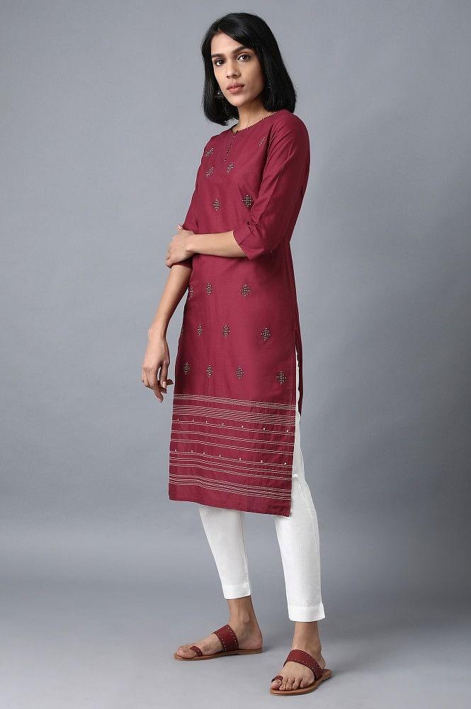 Maroon Round Neck Embroidered kurta - wforwoman