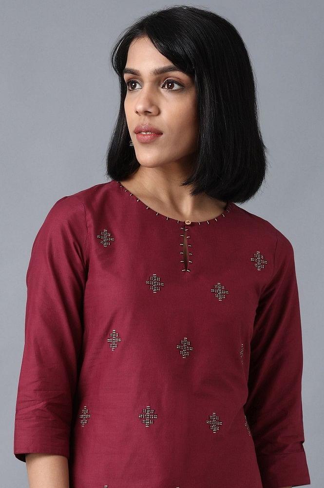 Maroon Round Neck Embroidered kurta - wforwoman