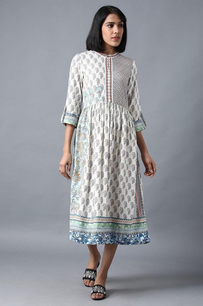 Ecru Printed Gathered Dress - wforwoman
