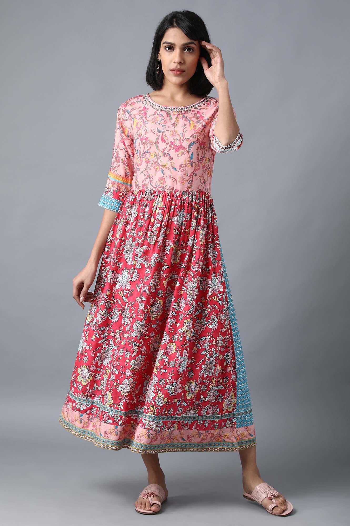 Light Pink Printed Gathered Dress - wforwoman