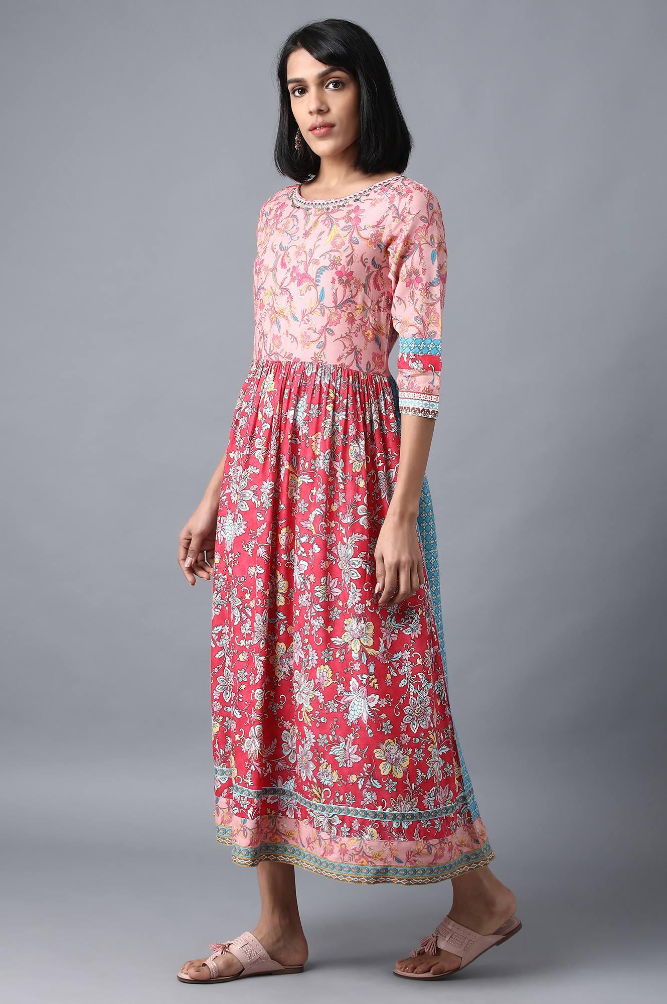 Light Pink Printed Gathered Dress - wforwoman