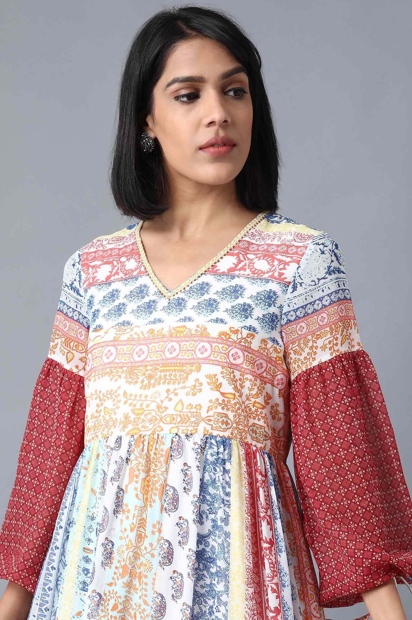 Multicoloured V-Neck Printed Dress - wforwoman