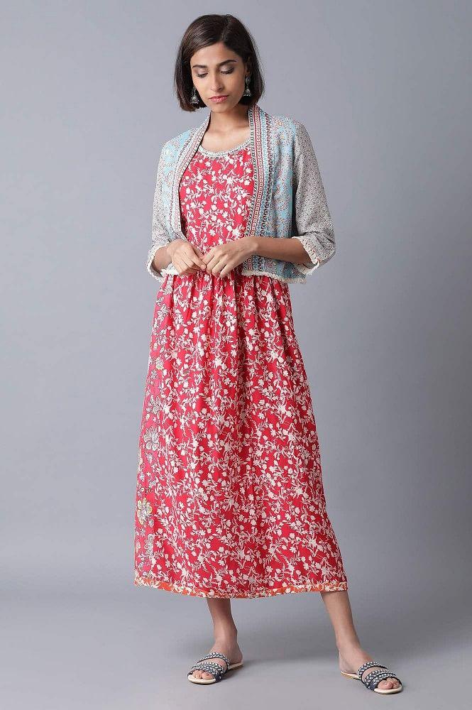 Red All-Over Print Gathered Dress - wforwoman