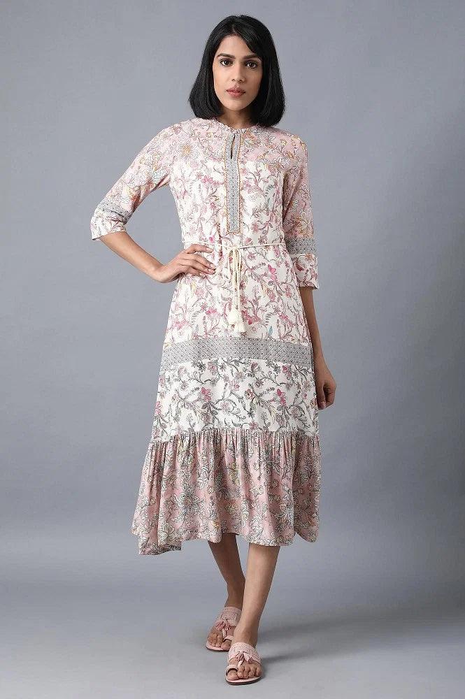 Pink Mandarin Neck Printed Dress - wforwoman