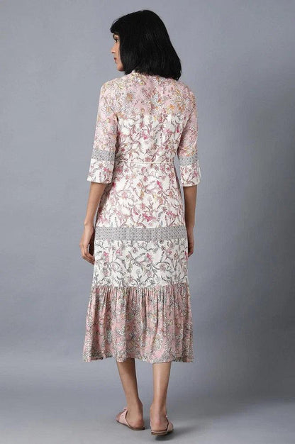 Pink Mandarin Neck Printed Dress - wforwoman