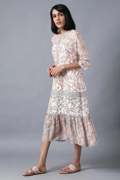 Pink Mandarin Neck Printed Dress - wforwoman