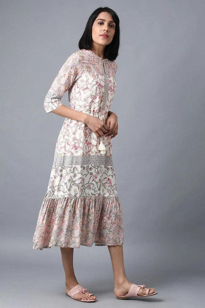 Pink Mandarin Neck Printed Dress - wforwoman