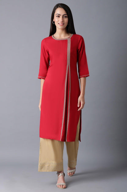 Red Round Neck Pleated kurta - wforwoman