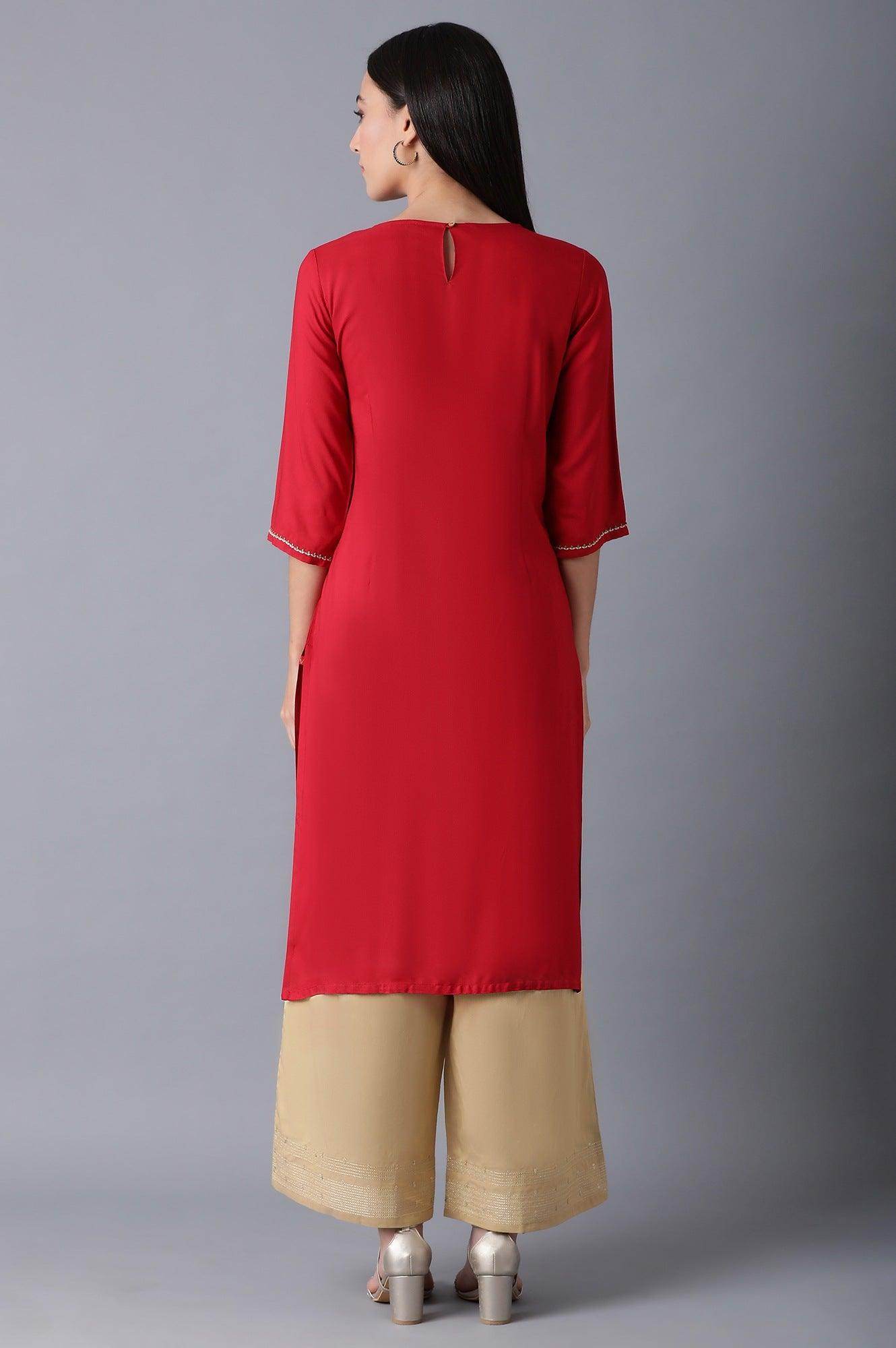 Red Round Neck Pleated kurta - wforwoman