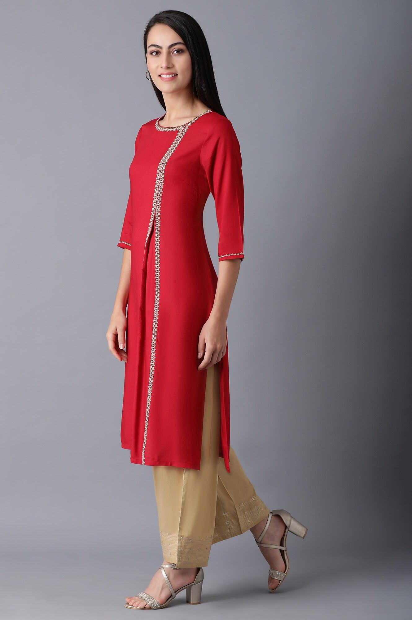 Red Round Neck Pleated kurta - wforwoman