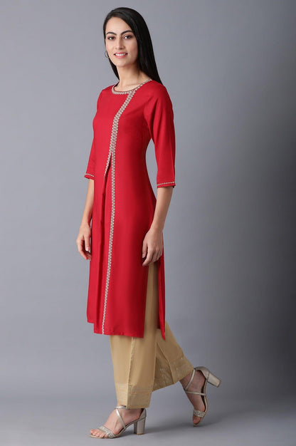 Red Round Neck Pleated kurta - wforwoman