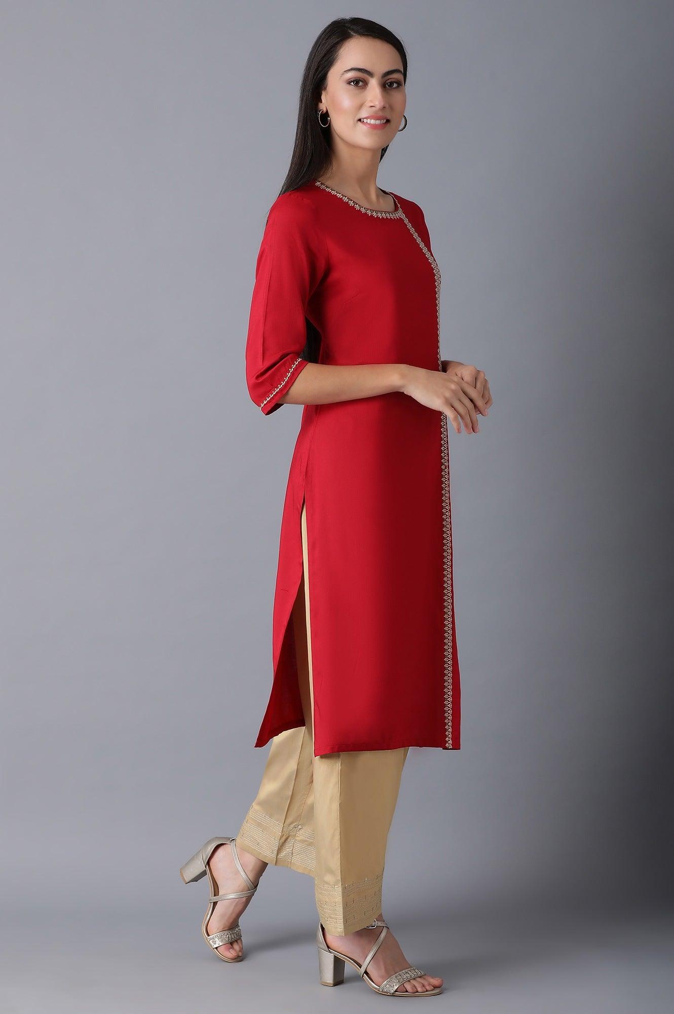 Red Round Neck Pleated kurta - wforwoman